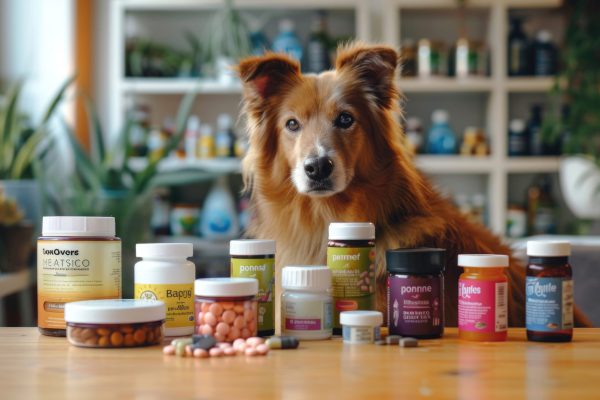 A dog sitting next to a collection of health supplements for pets Dog with various health supplements for pets beside it